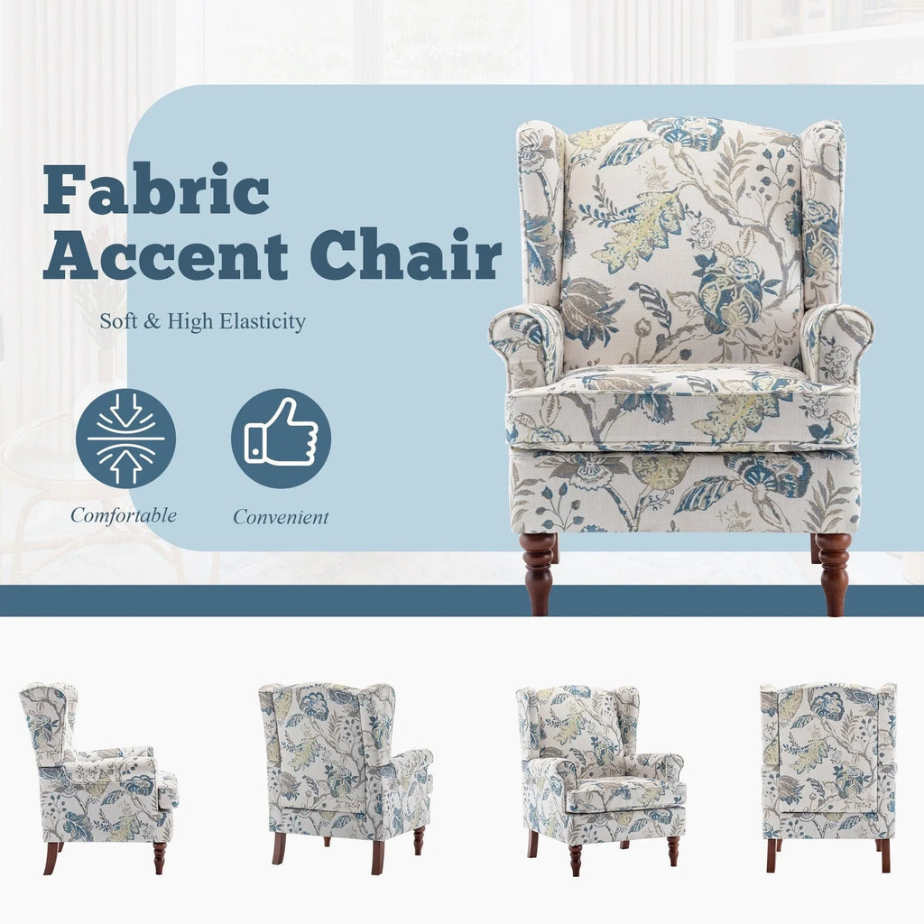 Erommy moderne accentstoel, fauteuil met hoge rugleuning, gestoffeerde stoffen fauteuil met knopen en houten poten voor de woonkamer