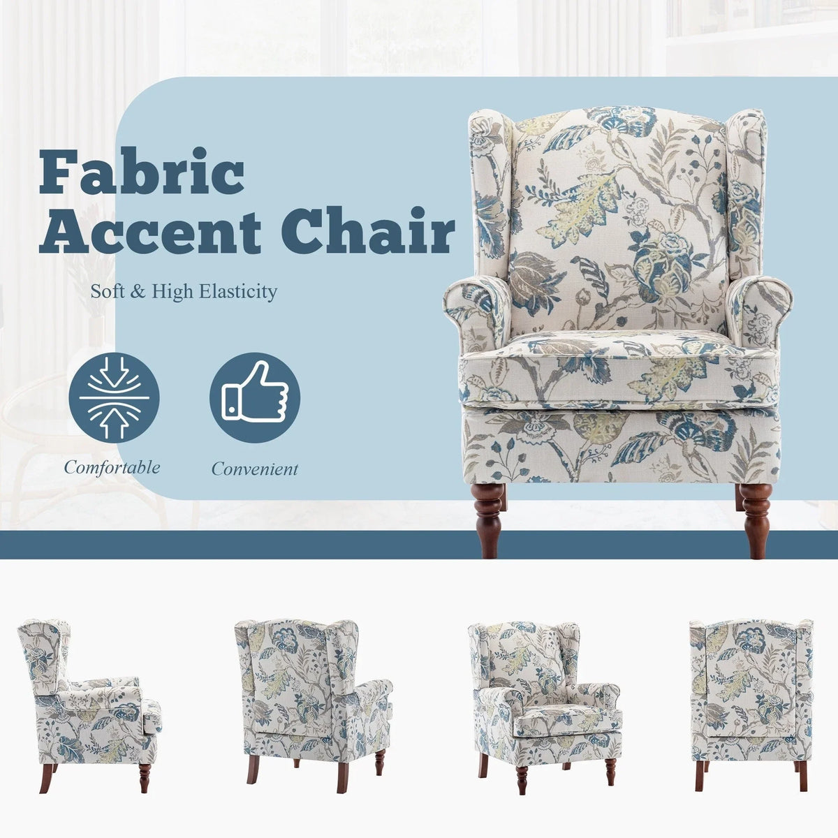 Erommy moderne accentstoel, fauteuil met hoge rugleuning, gestoffeerde stoffen fauteuil met knopen en houten poten voor de woonkamer