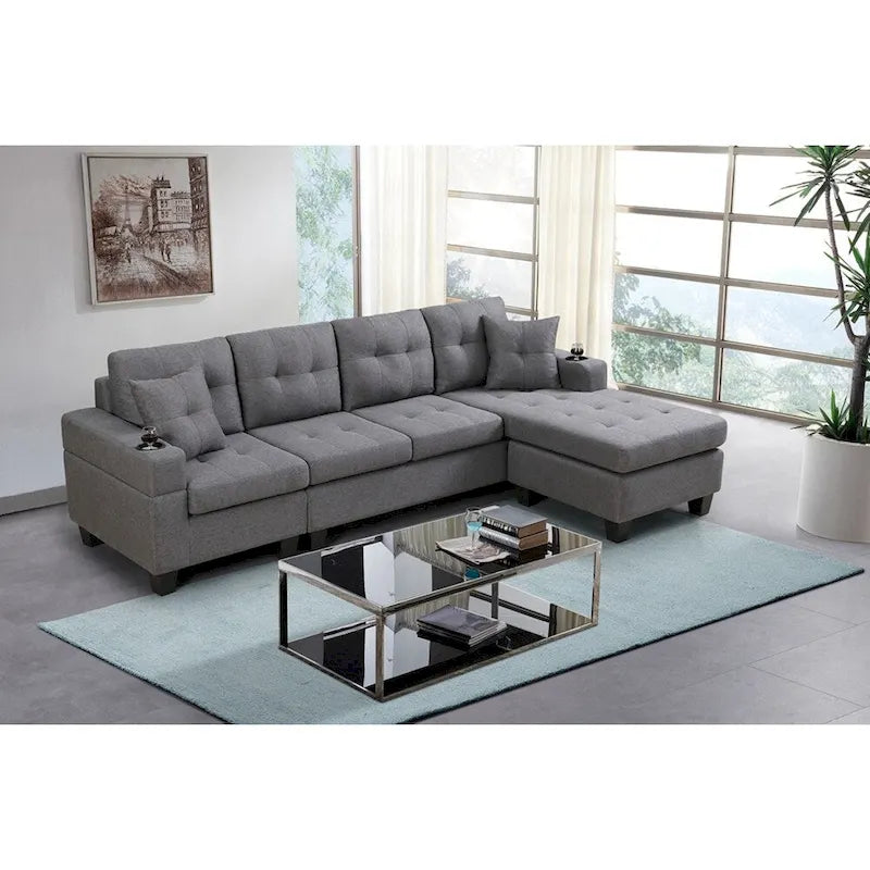 Ecksofa für das Wohnzimmer mit L-förmiger Chaiselongue und Getränkehalter
