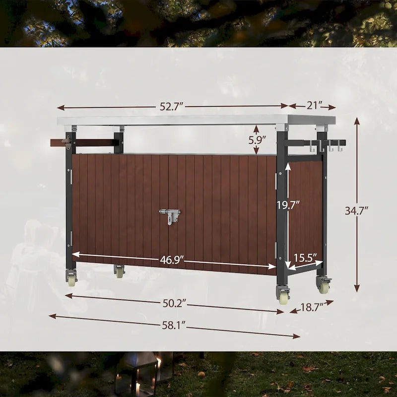 Grillwagen für den Außenbereich mit Tischplatte aus Edelstahl (Hocker nicht enthalten)