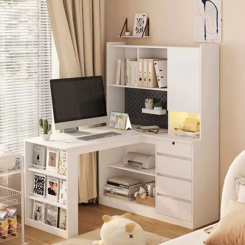 46-Inch L-Shaped Corner Desk with Bookshelf and Drawers
