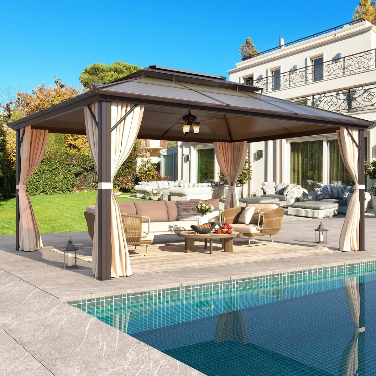 EROMMY Hardtop Gazebo,Outdoor Pergola with Double Roof & Netting & Curtains,Heavy Duty Canopy for Patio, Backyard, Pool party