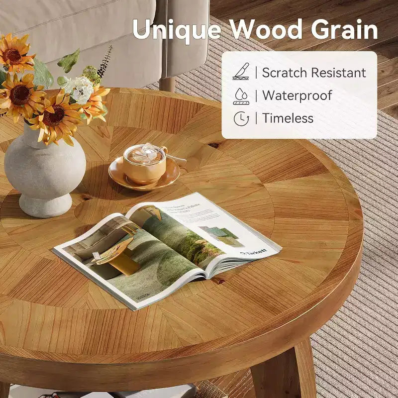 Lantine ronde salontafel van massief hout, 2-laags bijzettafel met opbergruimte, tafelblad van 31,5 inch met mozaïekpatroon, eenvoudige montage, voor de woonkamer, bruin