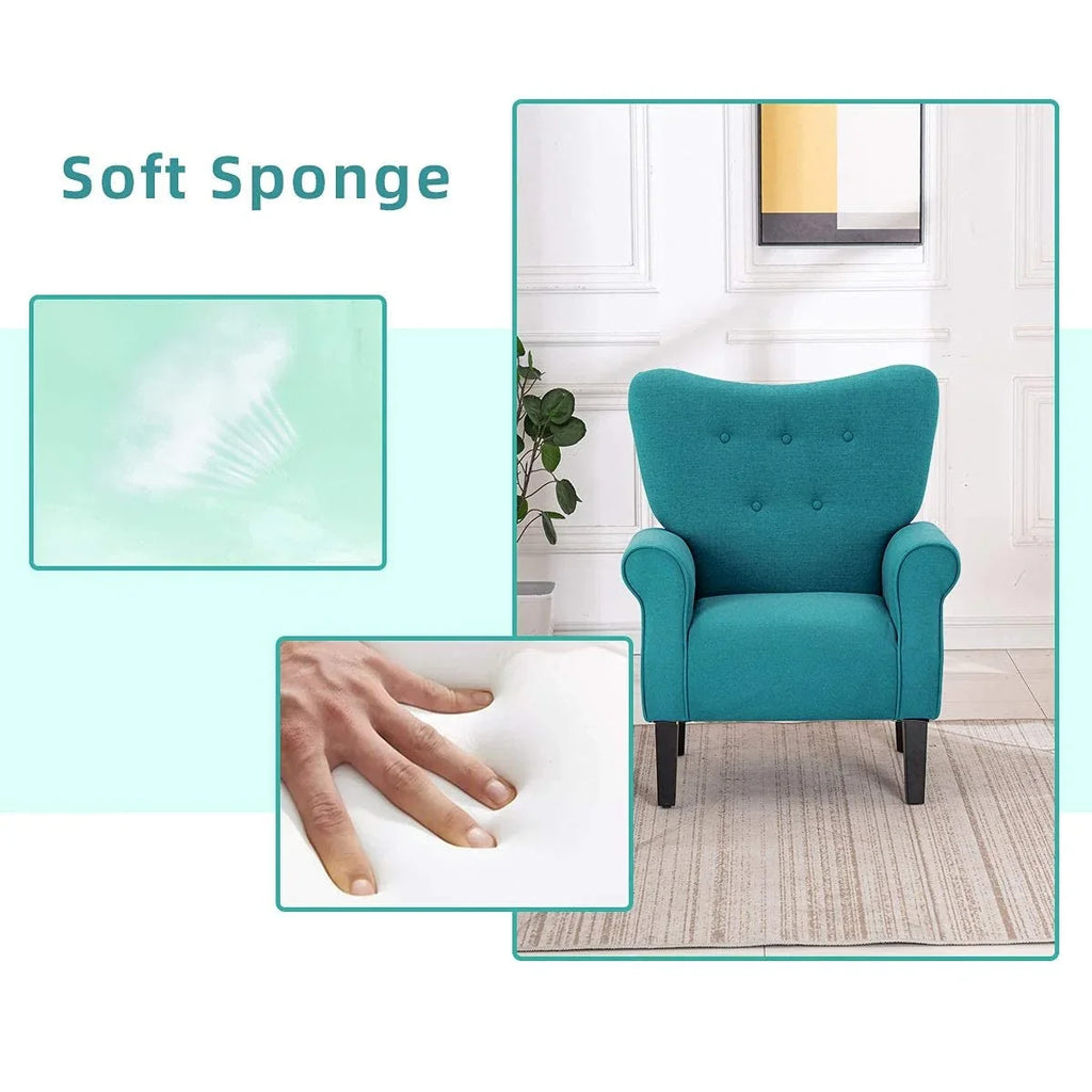 Erommy moderne accentstoel, fauteuil met hoge rugleuning, gestoffeerde stoffen fauteuil met knopen en houten poten voor de woonkamer