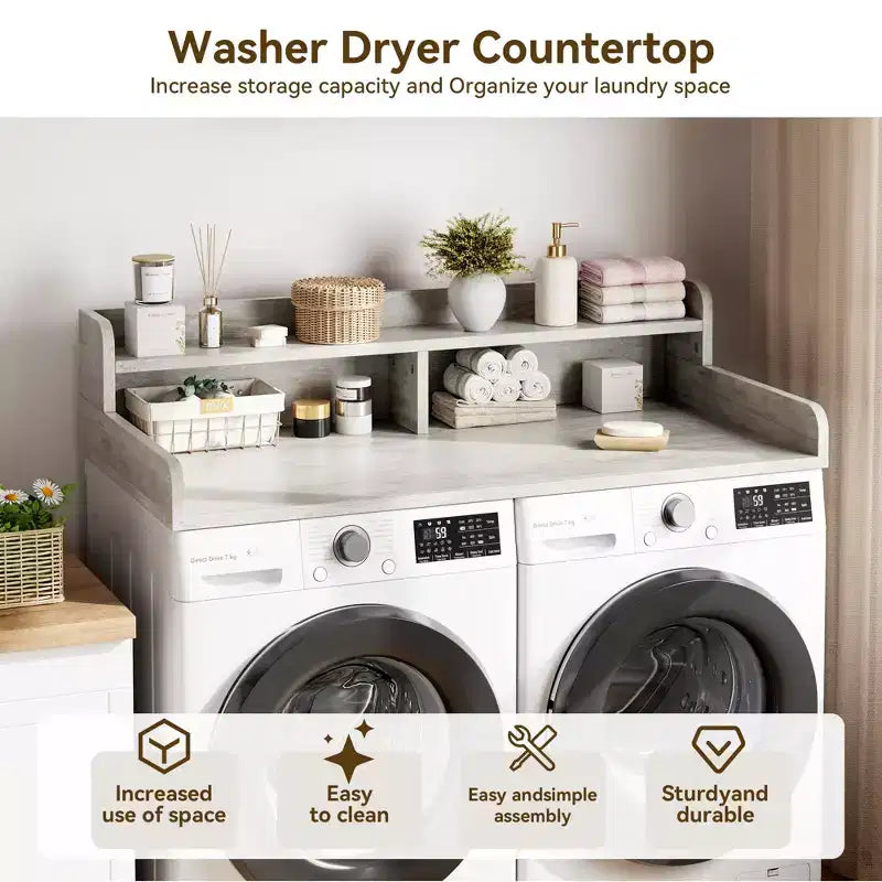 Wood Washer and Dryer Topper, 54 Laundry Countertop with 2-Tier Storage Shelf, Anti-Slip Work Surface with Guardrails for Laundry Organization