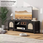 165 cm breiter TV-Schrank im Boho-Stil mit Flechttür – Unterhaltungsschrank aus Holz mit zwei Schränken und verstellbaren Einlegeböden, geeignet für Wohnzimmer