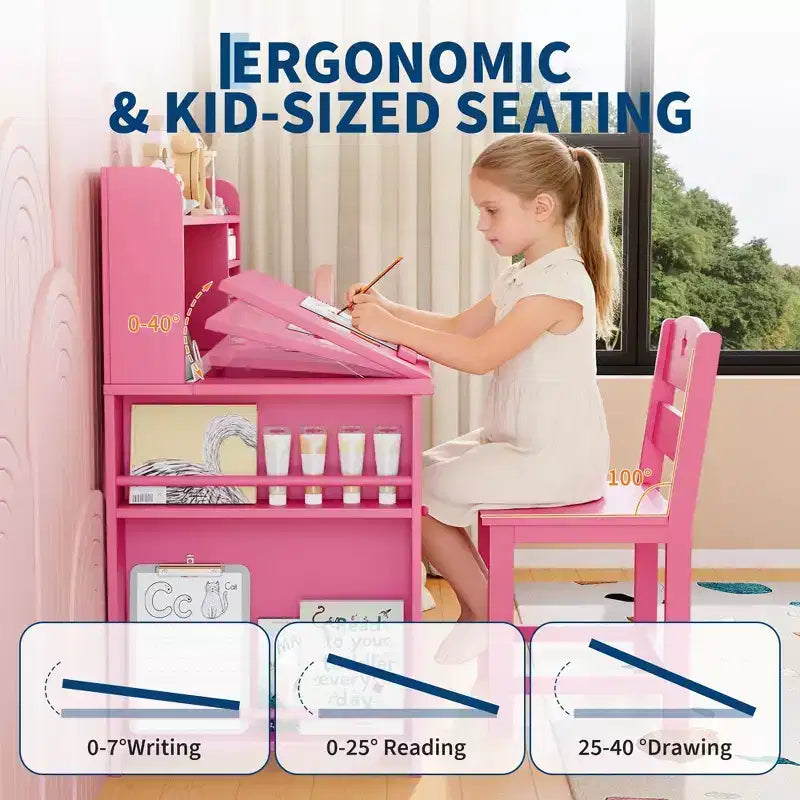 Kids Study Desk & Chair Set with Storage, Kids Study Desk with Hutch and Tiltable, for 3-8 Years Old, Student Writing Table for Bedroom