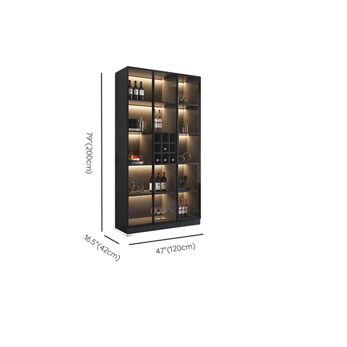 Minimalistische zwarte houten wijnkast met glazen deur