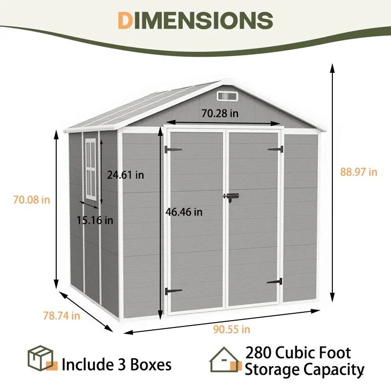 Opslagschuur van 6 ft x 4 ft/6 ft x 8 ft/8 ft x 6 ft/8 ft x 10 ft, weerbestendig kunststofhars voor buiten met vloer, gereedschapsschuur met puntdak