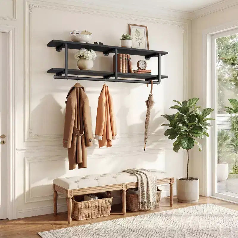 Portant à vêtements Besiost à 2 niveaux avec tringle, étagères à vêtements et étagère supérieure