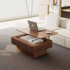 Table basse cannelée JVNOXK de 38,6' avec plateau relevable et rangement, placage en bois massif, hauteur réglable, table d’appoint moderne pour le salon ou la chambre, noyer