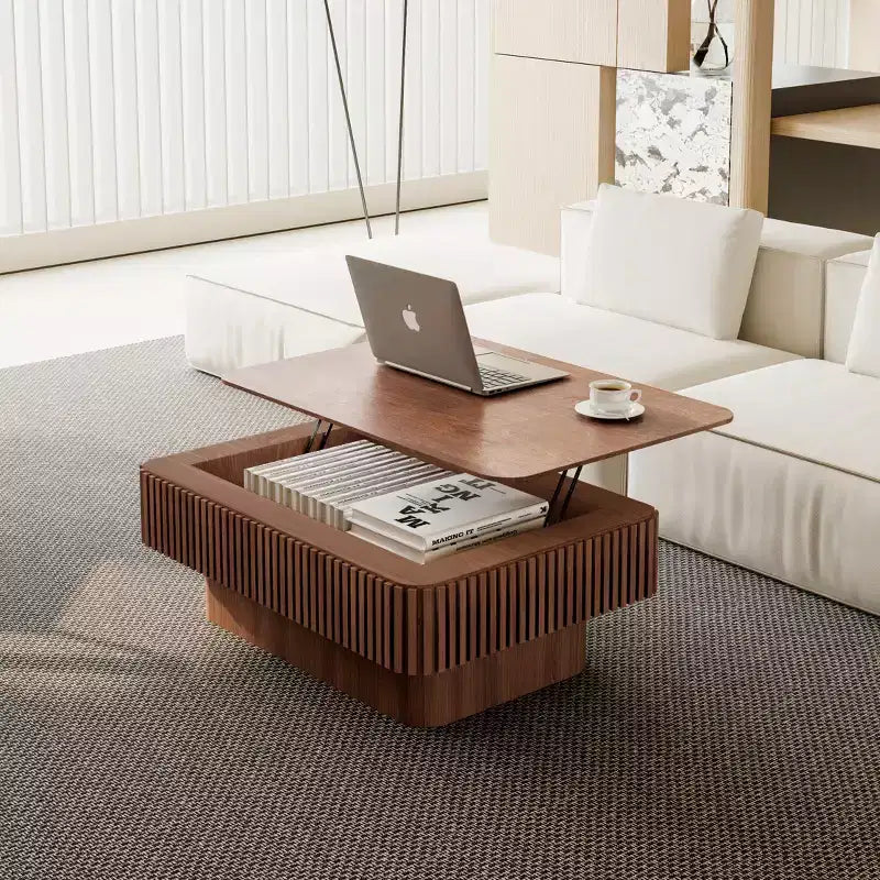 Table basse cannelée JVNOXK de 38,6' avec plateau relevable et rangement, placage en bois massif, hauteur réglable, table d’appoint moderne pour le salon ou la chambre, noyer