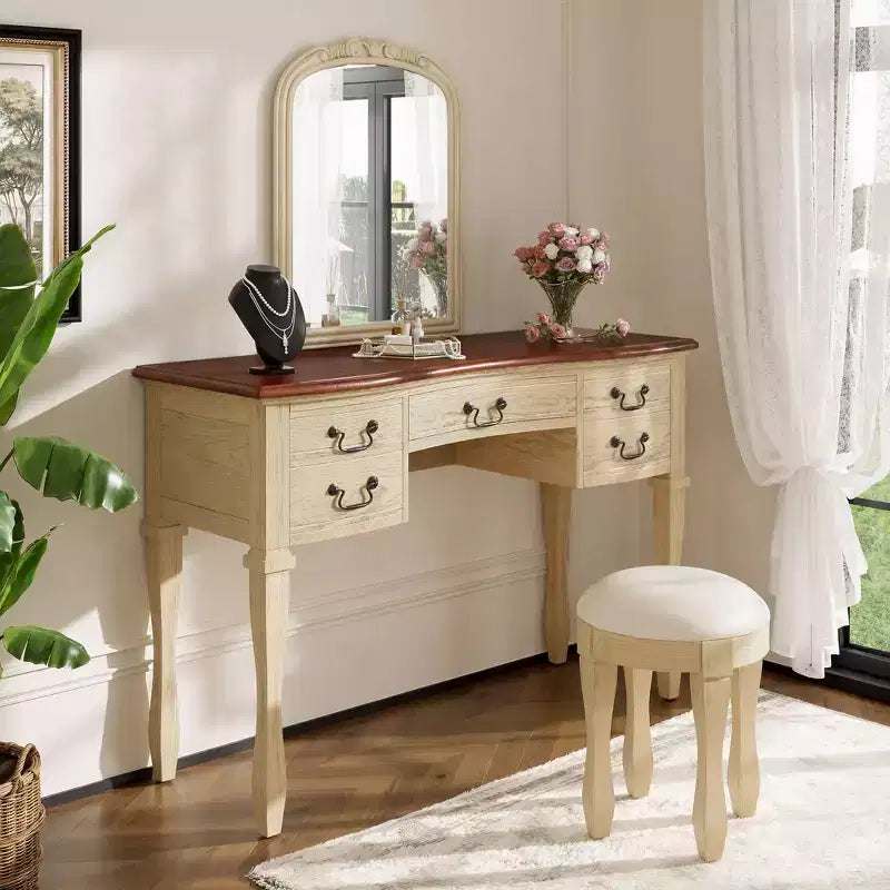 Vintage kaptafelset, vintage make-uptafel, kaptafel van 46 inch met gebogen bloemenpiegel en opbergruimte met 5 laden