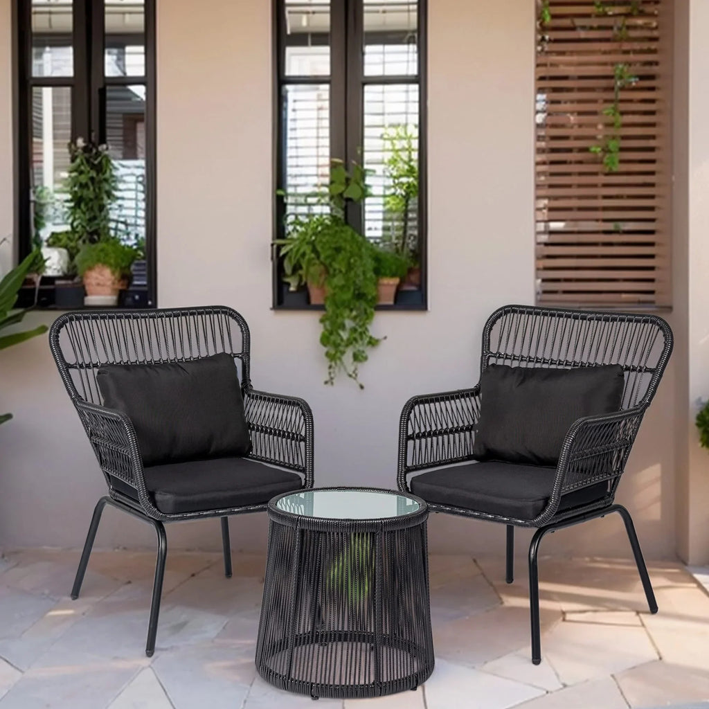 3-delige bistroset van wicker voor buiten, weerbestendige rotan tuinmeubelset met stoelen en kussens