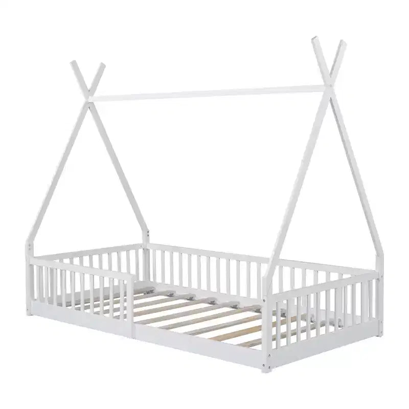 Bodenbett für Kinder, Zeltbett in Einzelgröße, Montessori-Bodenbett mit Lattenrost und Schutzgittern, Holzhaus-Bettrahmen für Jungen und Mädchen