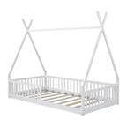 Bodenbett für Kinder, Zeltbett in Einzelgröße, Montessori-Bodenbett mit Lattenrost und Schutzgittern, Holzhaus-Bettrahmen für Jungen und Mädchen