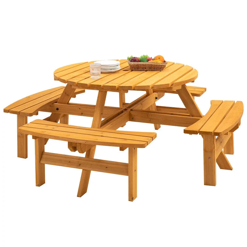 Ronde picknick- en eethoek voor 8 personen voor buiten, van dennenhout, met 4 ingebouwde banken en parasolopening
