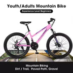 Okak 24/26-Zoll-Mountainbike mit 21 Gängen und Scheibenbremsen an Vorder- und Hinterrad, Kinderfahrrad mit 100-mm-Federgabel, Dirtbike für Jugendliche und Frauen