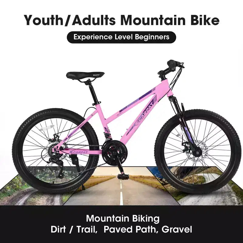 Okak 24/26-Zoll-Mountainbike mit 21 Gängen und Scheibenbremsen an Vorder- und Hinterrad, Kinderfahrrad mit 100-mm-Federgabel, Dirtbike für Jugendliche und Frauen
