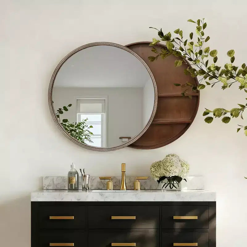 GDFStudio Norvyn 23.6 Round Wall Mirror with Sliding Storage Cabinet