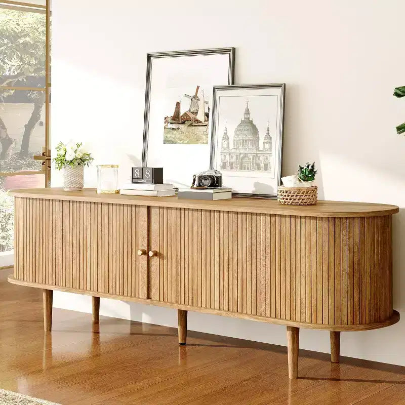 Meuble TV AMERLIFE 70 pouces avec pieds en bois massif, console TV moderne de style mi-siècle avec porte à tambour