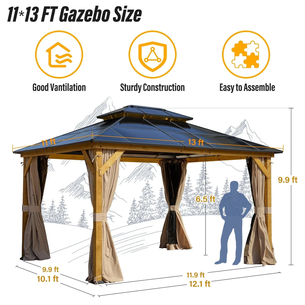 EROMMY Pavillon mit festem Dach, Outdoor-Pergola mit Doppeldach, Netzvorhängen und Vorhängen, robustes Vordach für Terrasse, Garten und Poolpartys