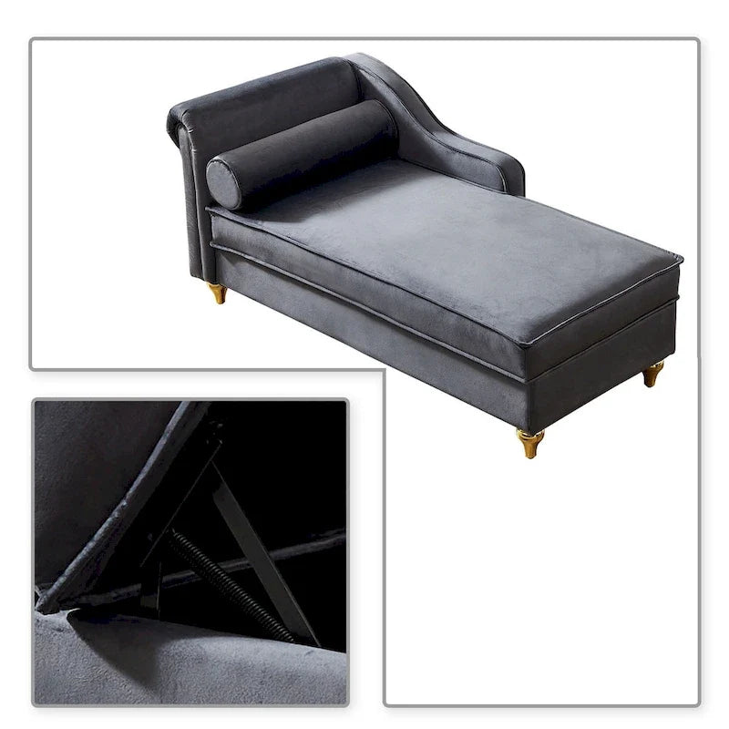 Fauteuil méridienne élégant français en velours avec revêtement rembourré et rangement, avec coussin
