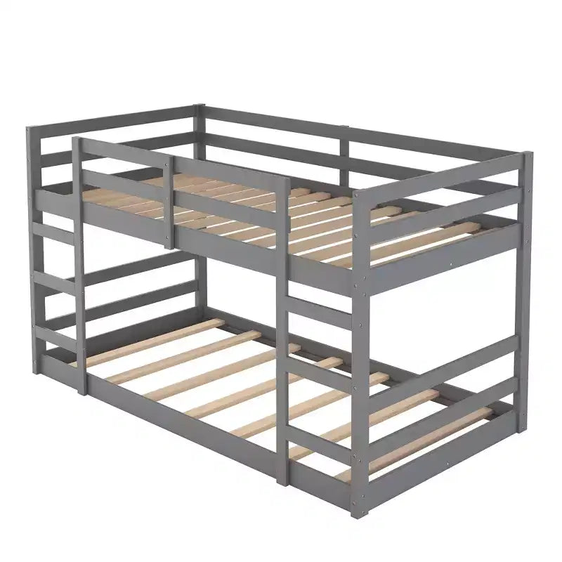 Lit superposé bas, lit superposé en bois au ras du sol avec échelle, lit superposé avec barrières de sécurité complètes