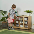 Meuble mobile à plateaux avec casiers et 15 bacs frontaux à ouverture en forme de cuillère, 3 x 4, mobilier pour enfants