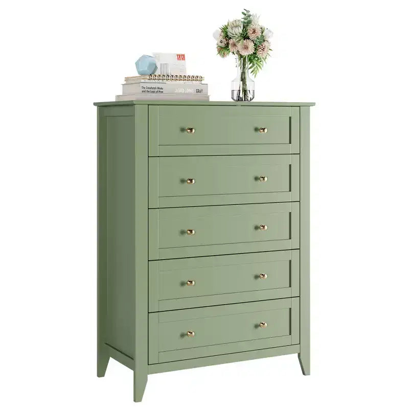 Commode haute de 42,5 po à 5 tiroirs pour chambre, armoire de rangement en bois avec tiroirs profonds de 11,9 po et boutons en métal doré, idéale pour l’entrée ou le couloir