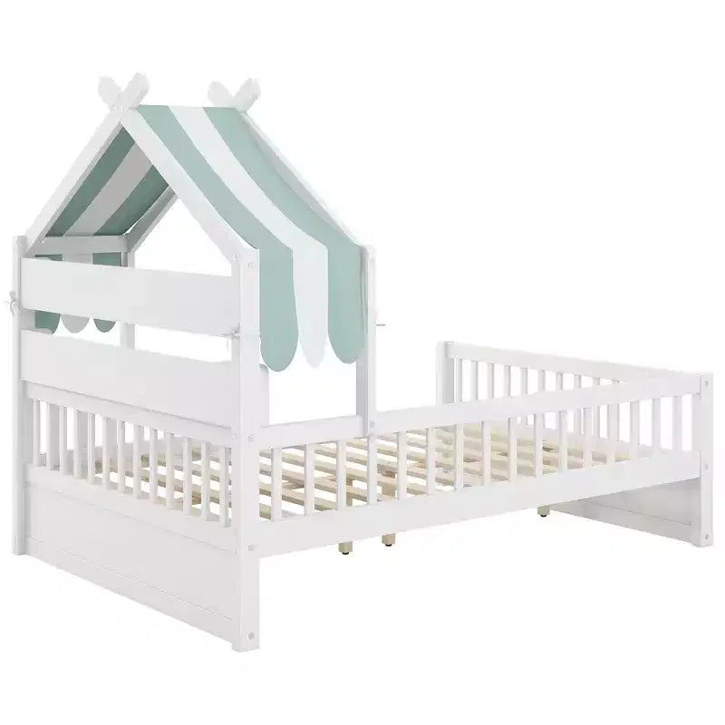 Lit cabane en bois ModernLuxe pour 1 ou 2 personnes avec tête de lit avec rangement, cadre de lit pour enfants en pin massif avec barrières de sécurité