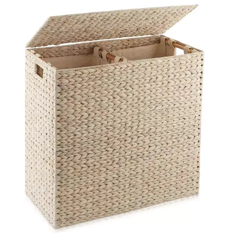 Panier à linge Casafield à 2 compartiments avec couvercle et sacs doublures amovibles, trieur de linge tressé en jacinthe d’eau pour vêtements