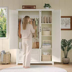 AMERLIFE 47-Zoll-Kleiderschrank im Landhausstil mit 3 Türen, 2 Schubladen, Kleiderstange und verstellbaren Regalen, freistehender Kleiderschrank-Organizer