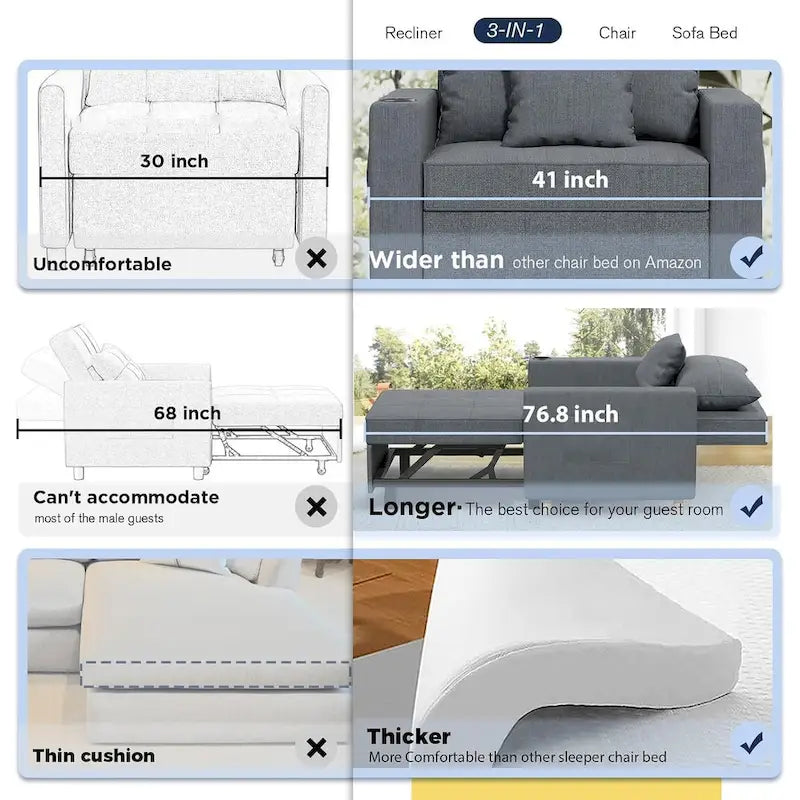 Verstelbare slaapstoel/-bed, 3-in-1-ombouwbaar, meerdere kleuren, geschikt voor 1 persoon