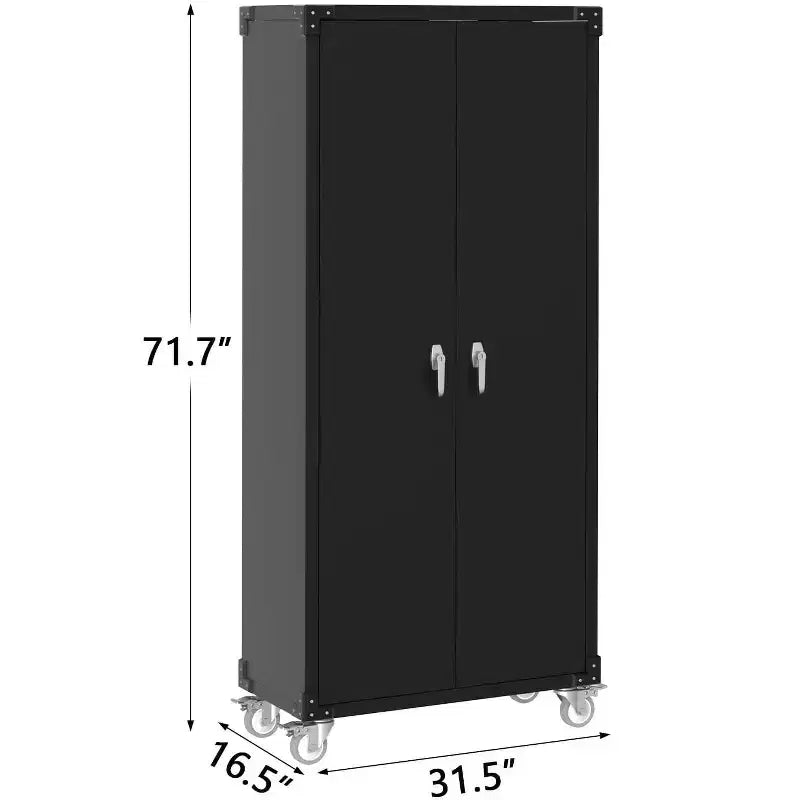 Garagekast met wielen en gatenbord, afsluitbare metalen opbergkast van 72 inch hoog met 2 deuren en 4 verstelbare planken voor garage en werkplaats