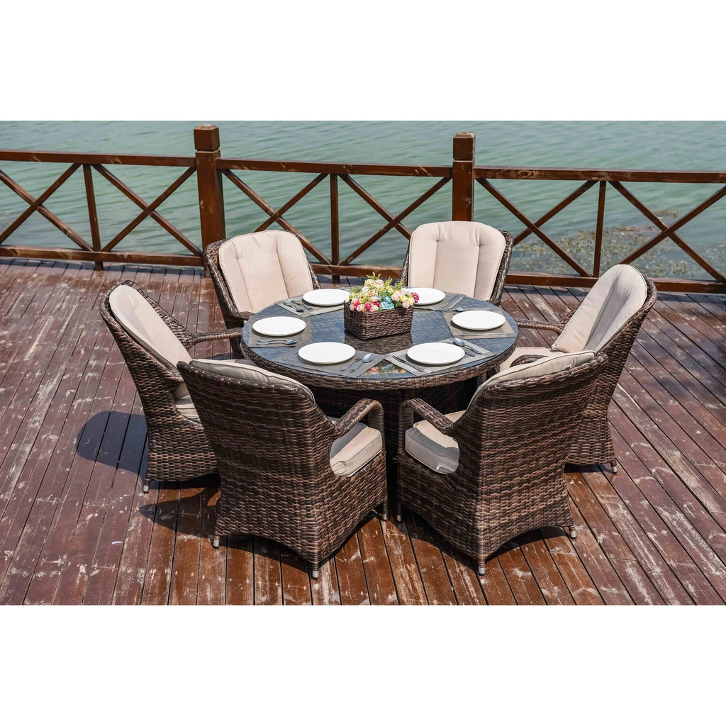 Ensemble de salle à manger rond de jardin en rotin tressé, 7 pièces, avec coussins, par Moda Furnishings