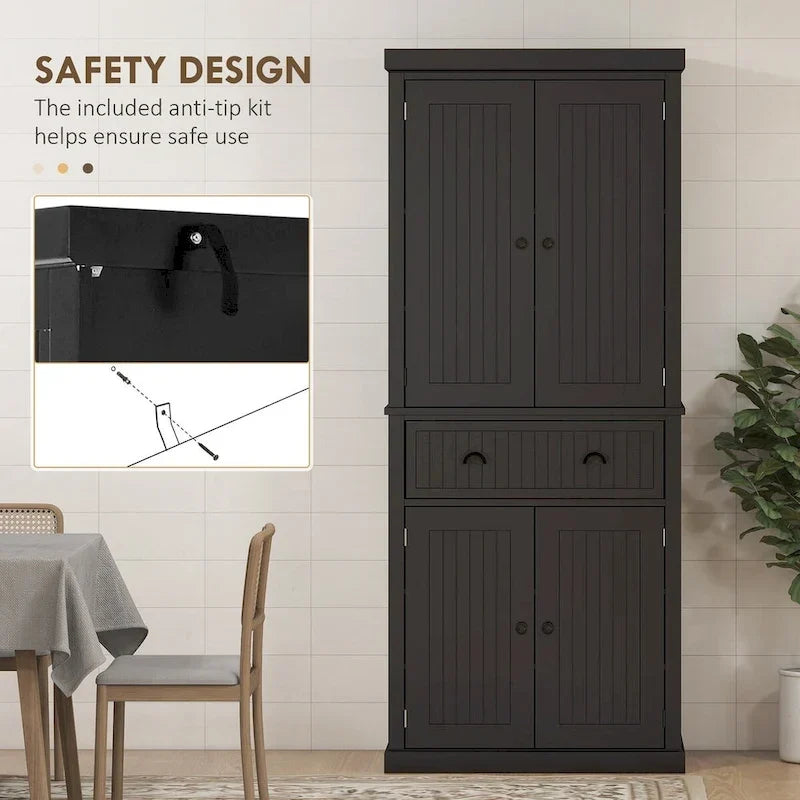 Armoire de rangement de garde-manger de cuisine de 72 pouces, armoire traditionnelle autoportante avec 4 portes et 3 étagères réglables, grand tiroir central
