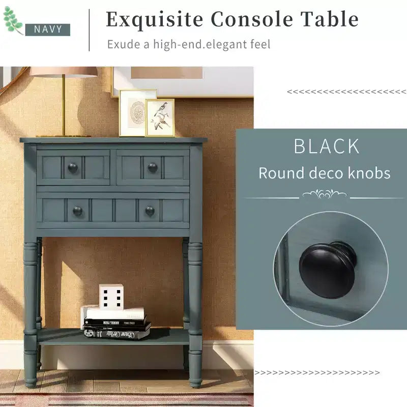 Smalle consoletafel van 60,2 cm met 3 laden en plank, sofatafel voor kleine entrees of woonkamers