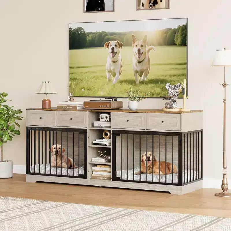 82 Möbel für zwei Hundeboxen, großer Hundezwinger für den Innenbereich für 2 Hunde, robuster Hundeschrank aus Holz als TV-Ständer mit 4 Schubladen und Regalen
