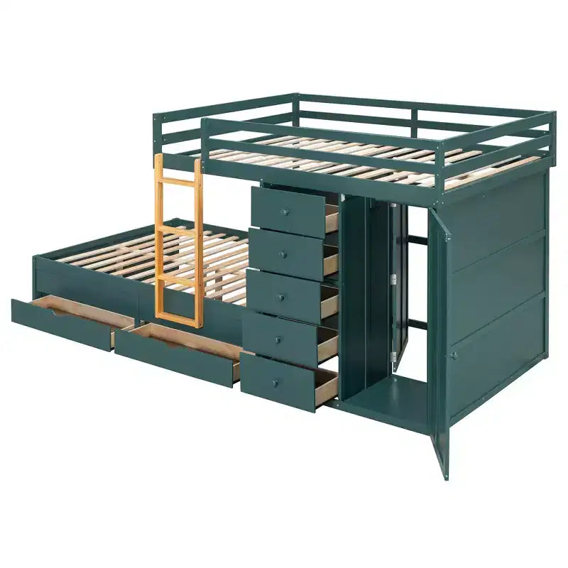 Lit superposé deux places sur deux places avec armoire de rangement et tiroirs, lit superposé en bois deux places gain de place avec barrière de sécurité pour appartement et chambre
