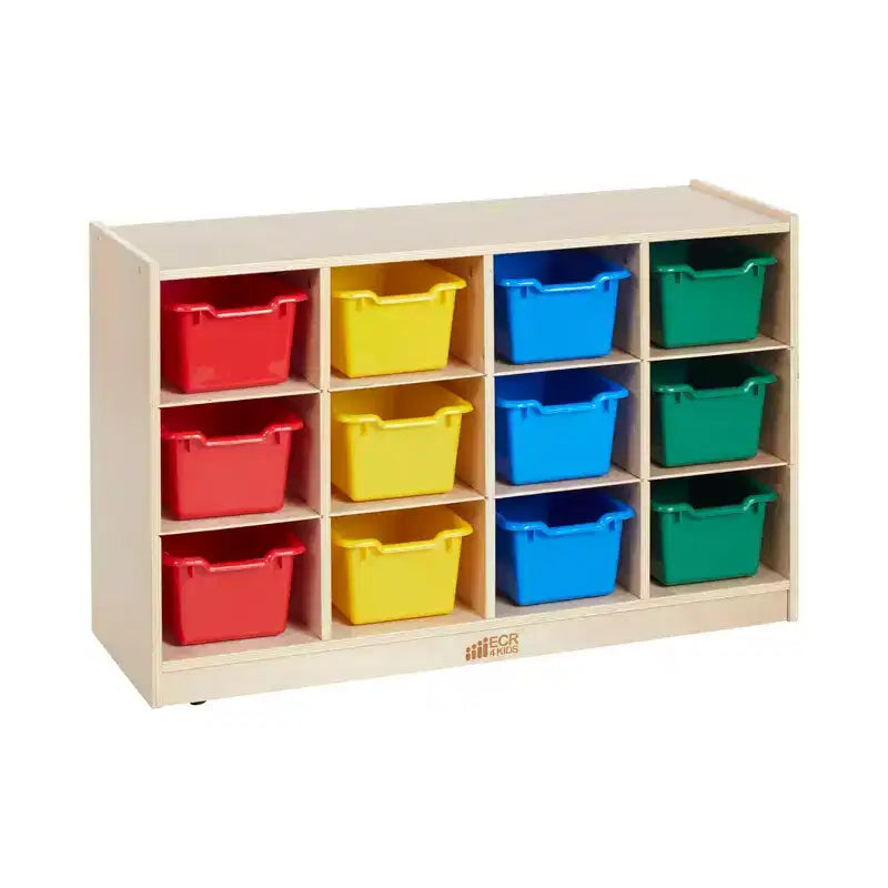 Meuble mobile à plateaux avec casiers et 15 bacs frontaux à ouverture en forme de cuillère, 3 x 4, mobilier pour enfants