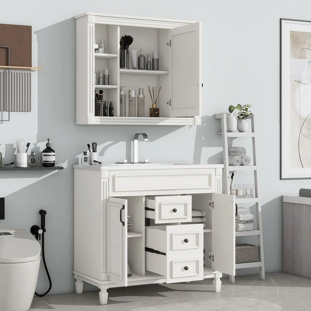 Meuble-lavabo moderne de salle de bains de 36 po avec vasque sur plan, armoire à miroir, 2 portes et 2 tiroirs