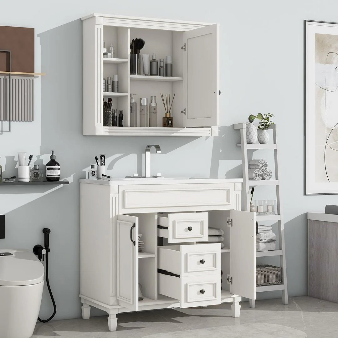 Meuble-lavabo moderne de salle de bains de 36 po avec vasque sur plan, armoire à miroir, 2 portes et 2 tiroirs
