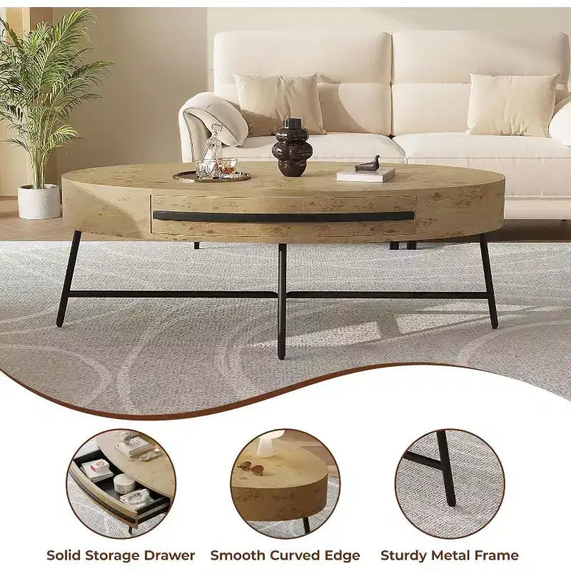 Acekool ovale salontafel met lade, houten opbergtafel van 47,2 met metalen kruispoten, moderne tafel in mid-century-stijl in naturel en goudkleurig wilgenhout