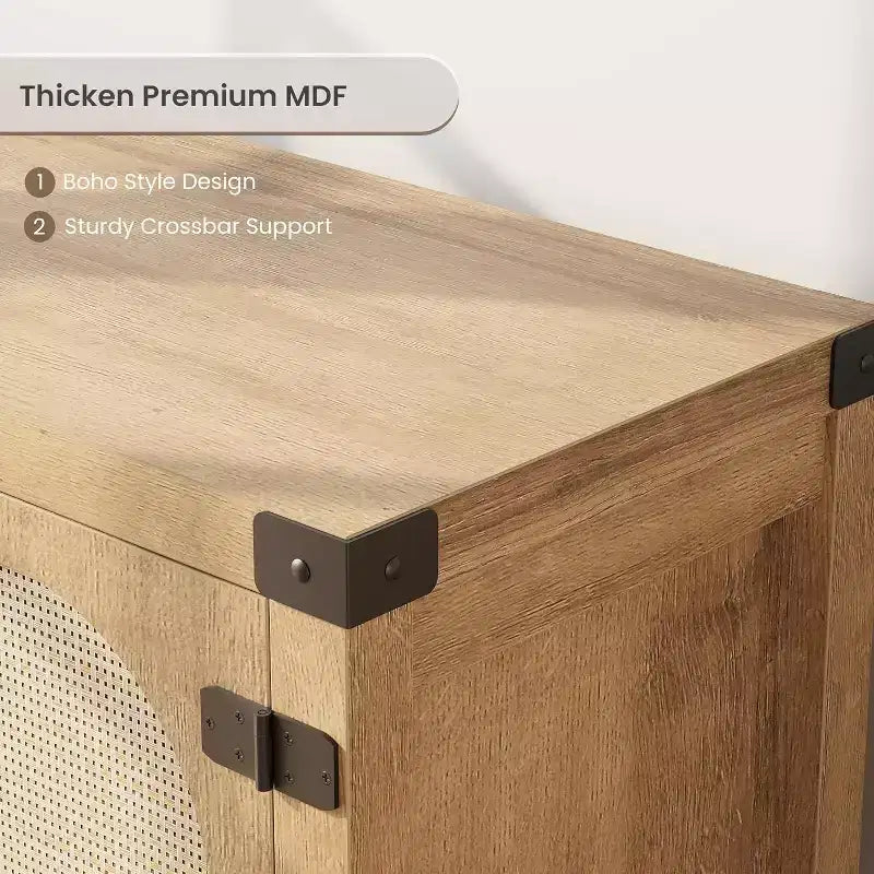 165 cm breiter TV-Schrank im Boho-Stil mit Flechttür – Unterhaltungsschrank aus Holz mit zwei Schränken und verstellbaren Einlegeböden, geeignet für Wohnzimmer