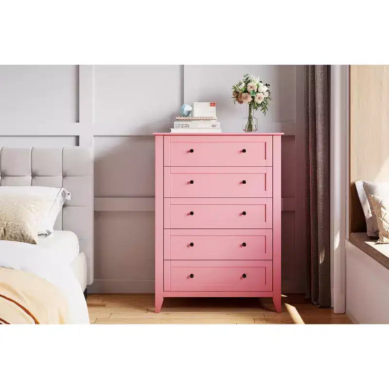Commode haute de 42,5 po à 5 tiroirs pour chambre, armoire de rangement en bois avec tiroirs profonds de 11,9 po et boutons en métal doré, idéale pour l’entrée ou le couloir
