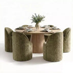 Modern Dining Table Set For 6, Round Pedestal Dining Table, Swivel Rolling Barrel Chairs With Wheels, Textured Chenille- Panipeachy