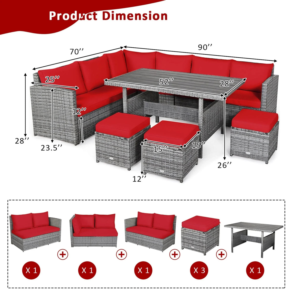 Costway Ensemble repas de jardin en rotin de 7 pièces, canapé d’angle, canapé et pouf — Voir les détails