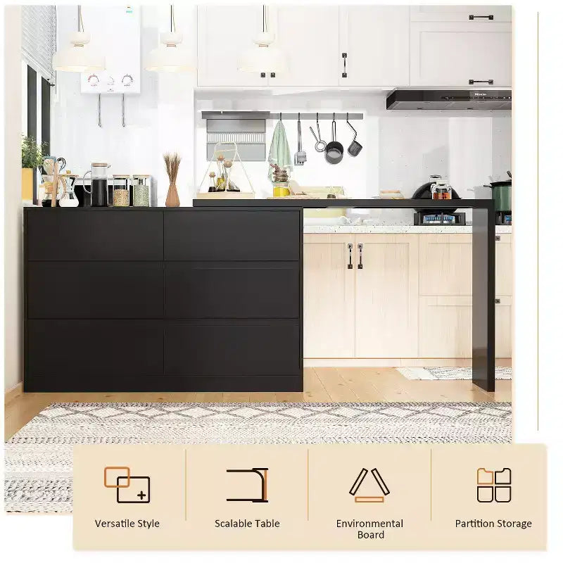 Buffet bahut intelligent pivotant/extensible avec 6 tiroirs, plateau extensible, tapis antidérapant, table à manger pivotante, garde-manger îlot de cuisine
