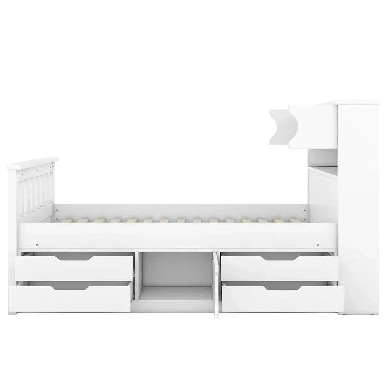 Lit plateforme de capitaine Twin/Full avec 4 tiroirs et étagères de rangement, structure en bois massif avec tête de lit bibliothèque et rangements